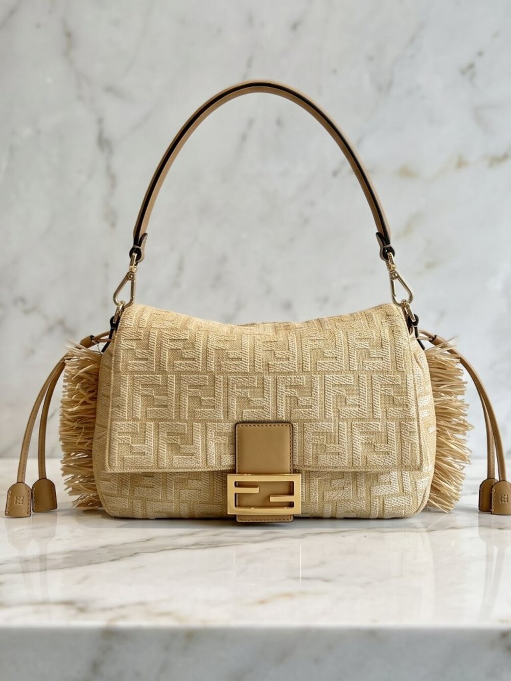 NWT Fendi Mamma Baguette Natur Miele Lambskin FF Woven Flap Bag - Boutique Set
